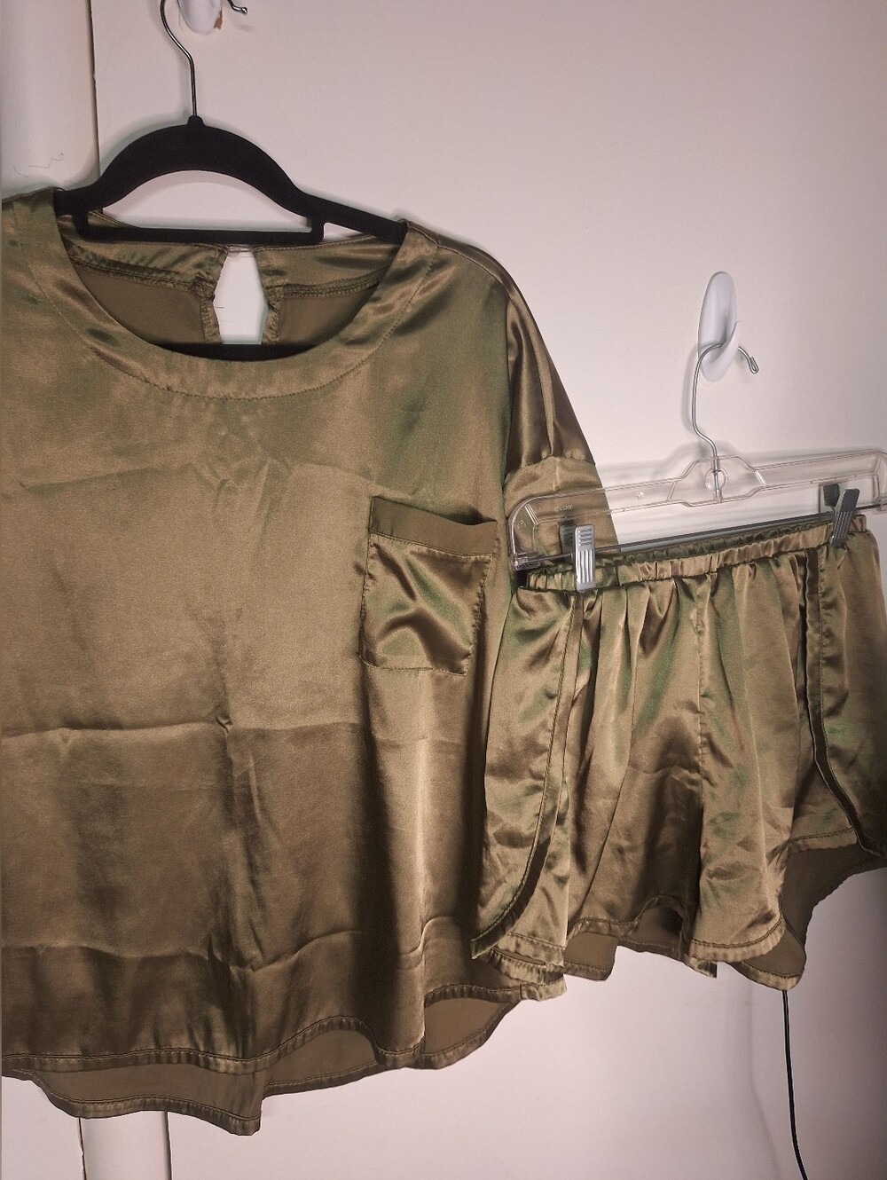 Satin Pajama Set in Olive Green - Short Sleeve Top & Shorts Size XS